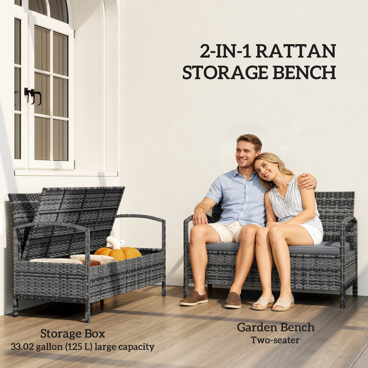 33 Gallon Wicker Outdoor Storage Bench with Cushion, Grey — product view 6