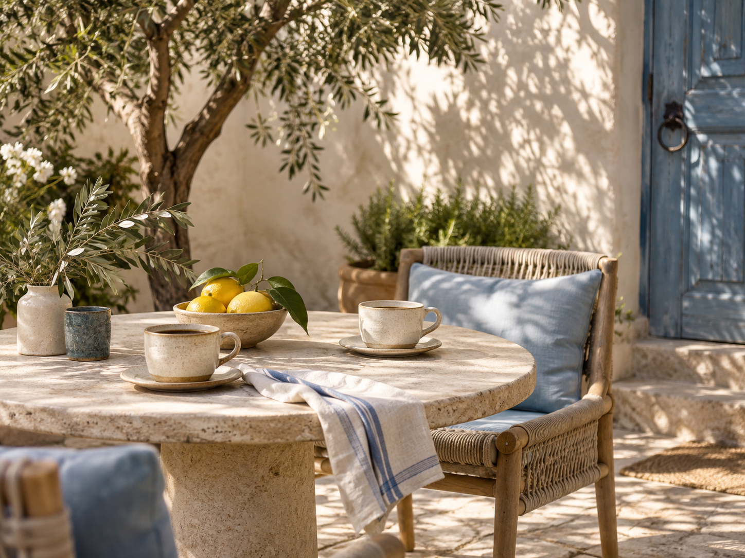 A quiet courtyard breakfast with coffee, sunlight, and blue accents