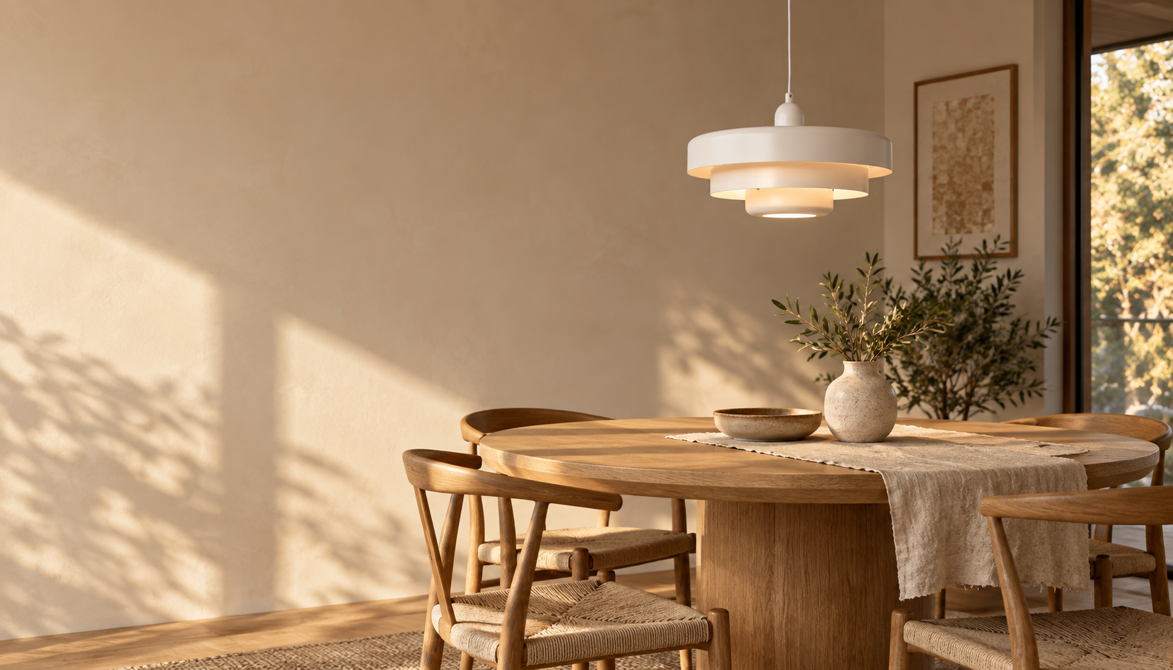 White Cakora Bauhaus pendant above a warm wood dining table
