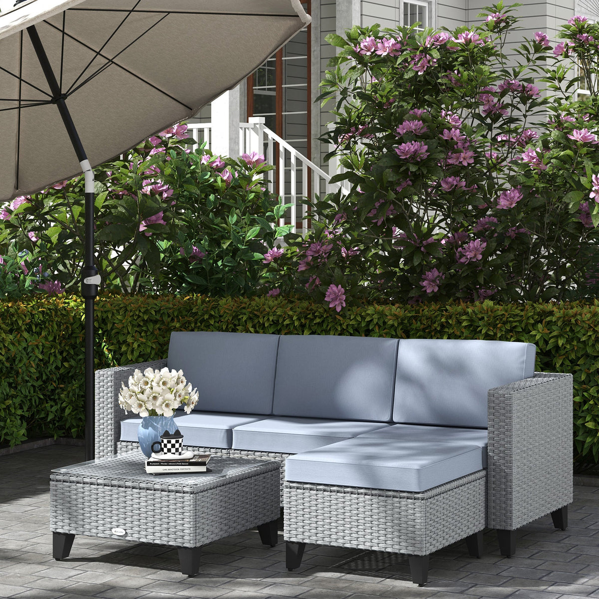 5 Piece PE Rattan Garden Furniture Set with Corner Sofa & Glass Table, Grey — product view 4