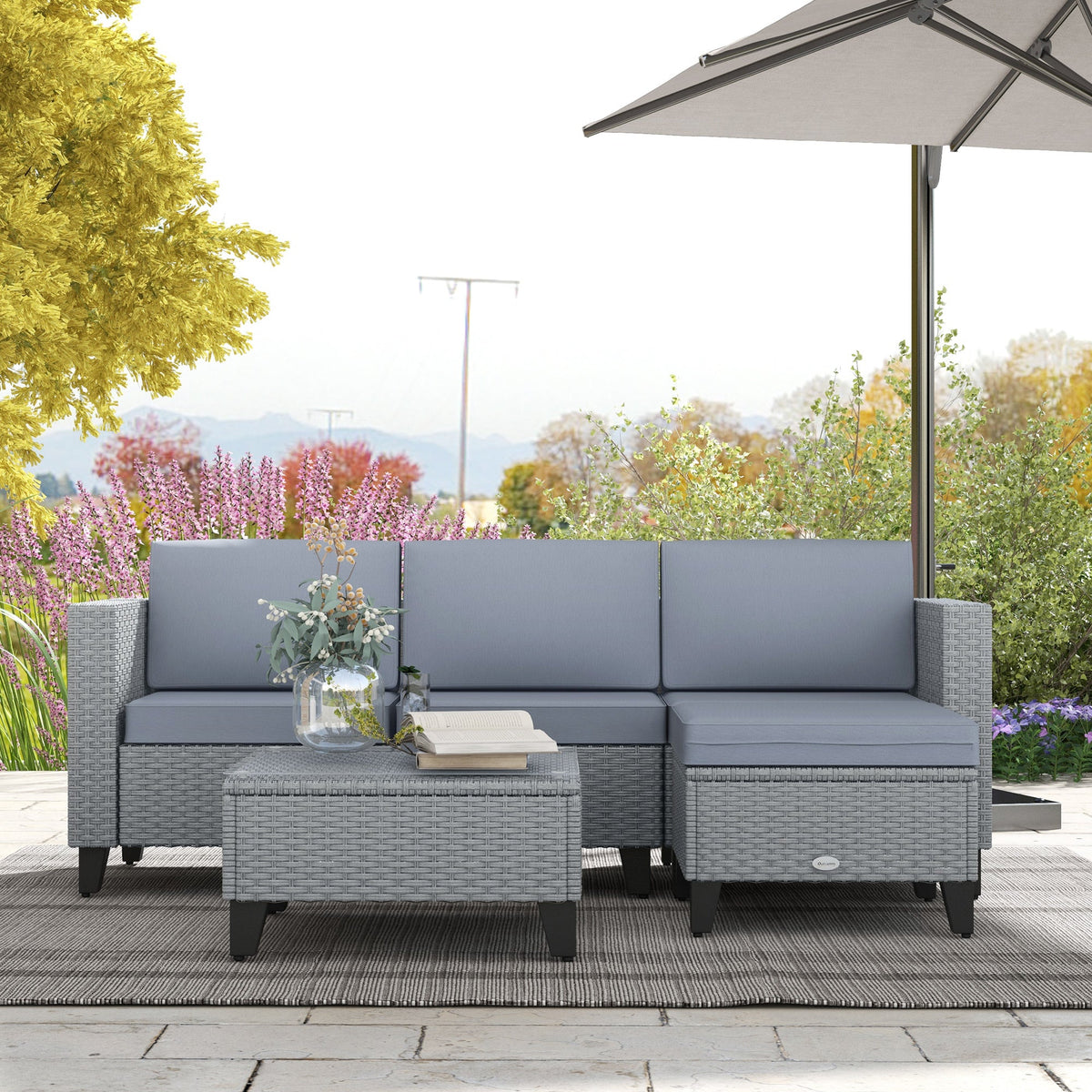 5 Piece PE Rattan Garden Furniture Set with Corner Sofa & Glass Table, Grey — product view 3