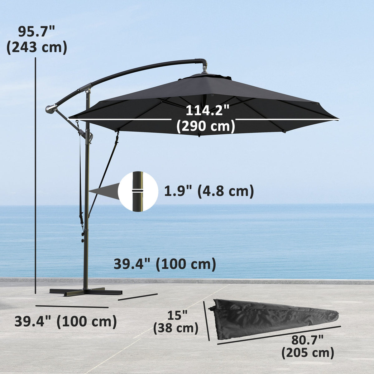 9.5FT Cantilever Patio Umbrella with Cover, 360° Rotation and Cross Base, Grey — product view 5