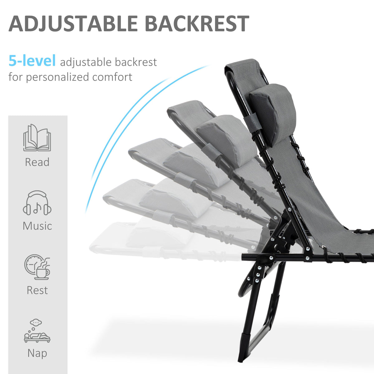 Folding Lounge Chair with Adjustable Backrest and Pillow, Grey — product view 6
