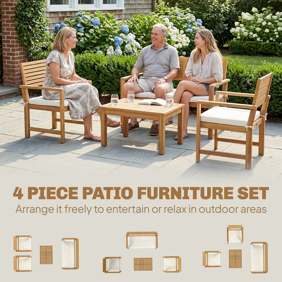 4-Seater Acacia Wood Outdoor Set with Loveseat, 2 Armchairs & Wood-Top Table, Cream — product view 6