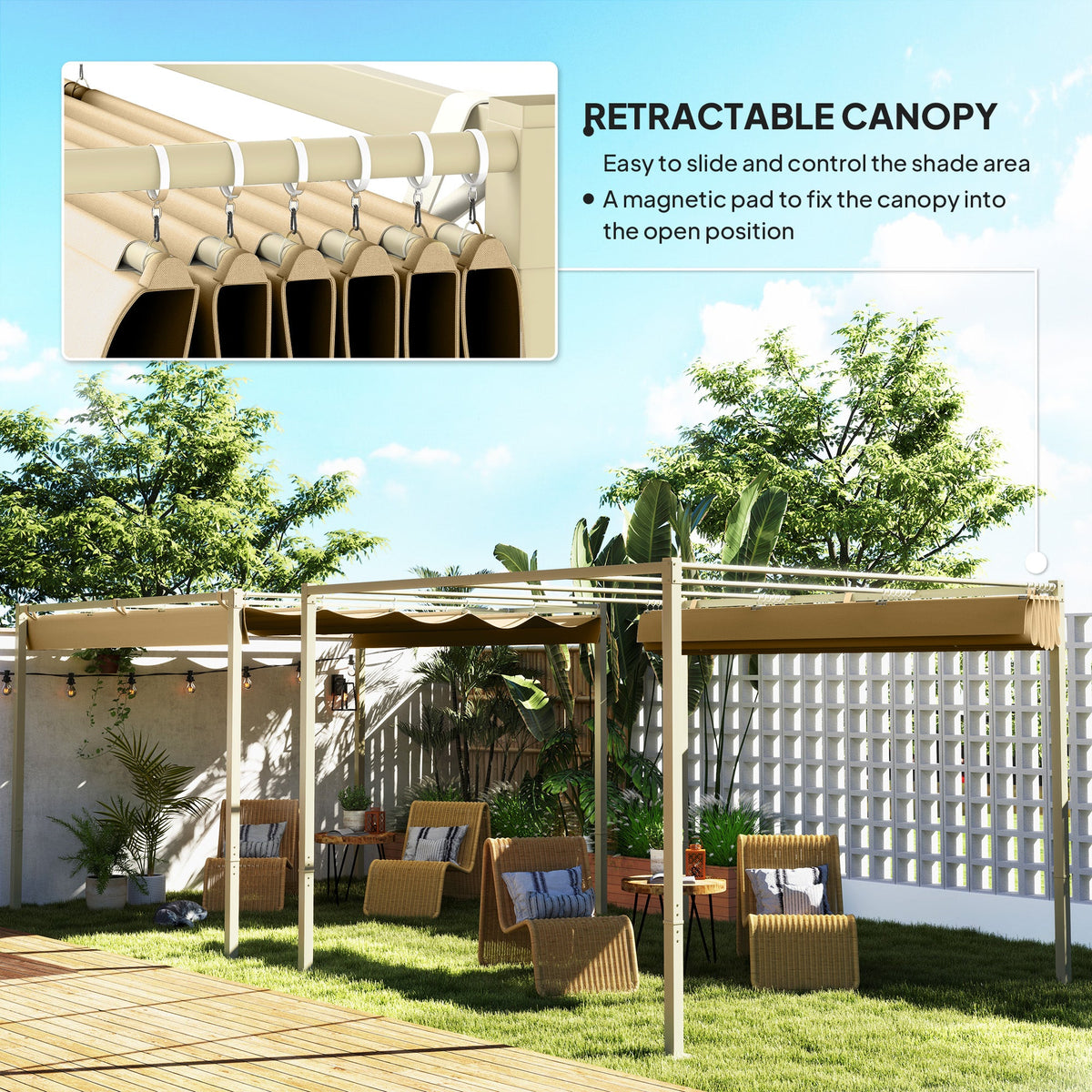 3 x 3m Garden Pergola with Retractable Roof & Magnetic Fixing, Khaki — product view 6