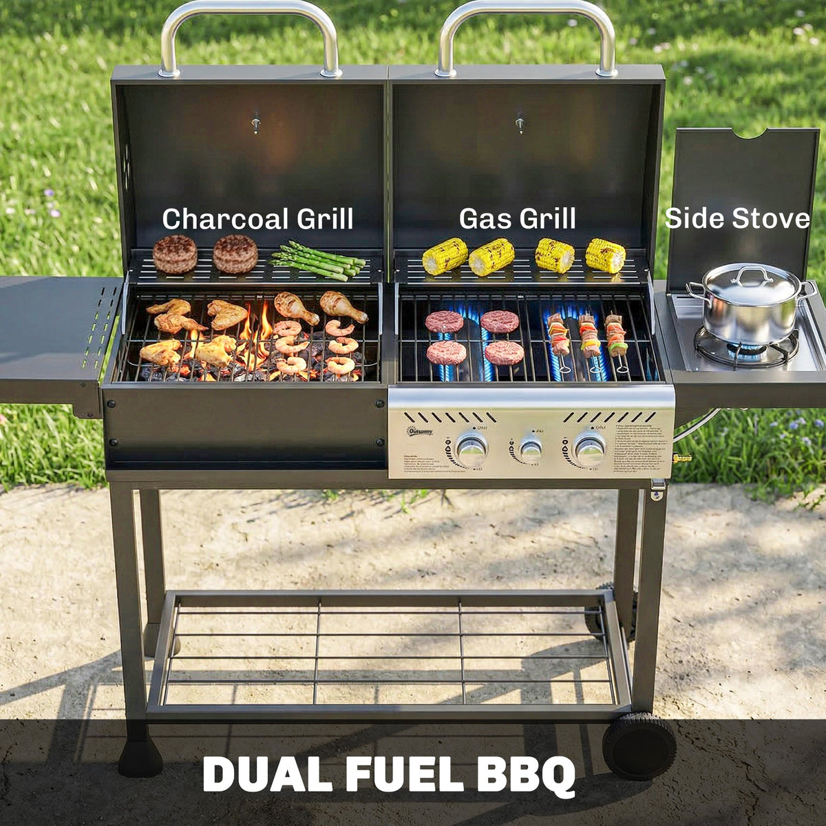 Dual Fuel BBQ Grill with Charcoal and 2+1 Gas Burners, Black — product view 6