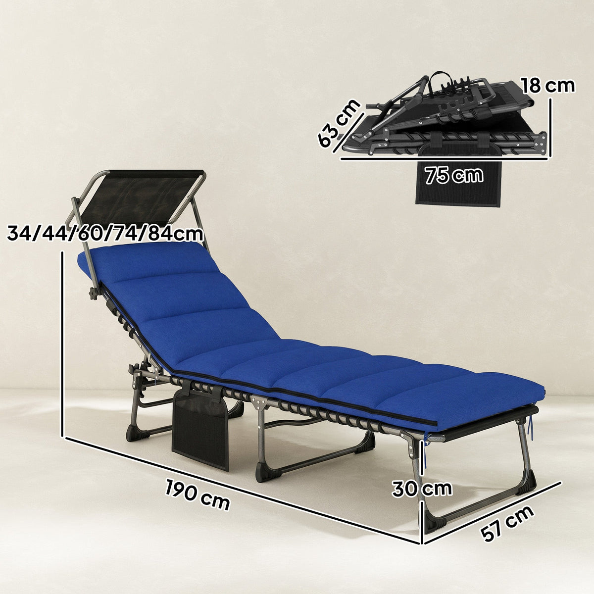 Folding Sun Lounger with Canopy, Cushion and 5-Position Recline, Dark Blue — product view 5