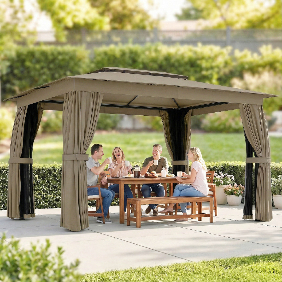 10' x 12' Soft Top Gazebo Canopy Shelter with Double Roof, Curtains, UPF30+ Protection, Deck, Khaki — product view 4
