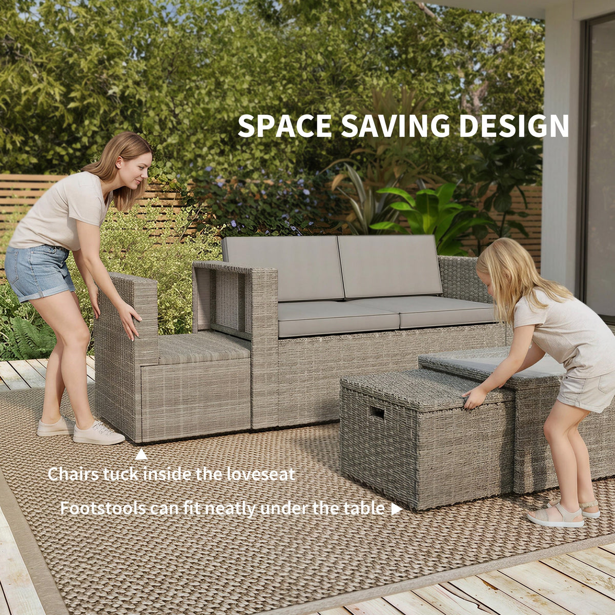 6 Piece Rattan Nesting Patio Set with Loveseat and Footstools, Dark Grey — product view 7