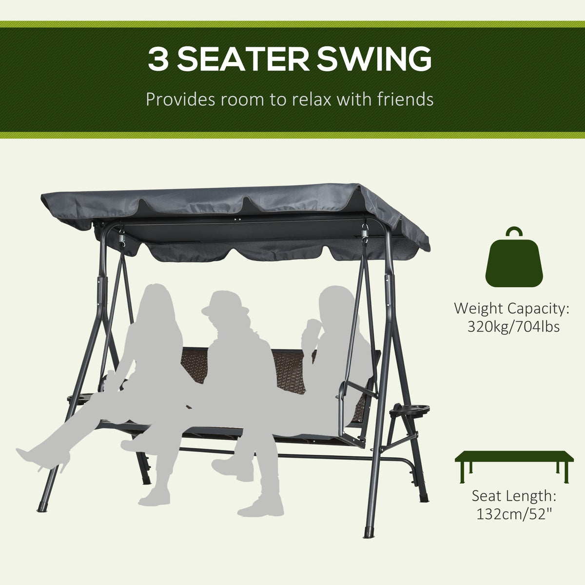 3 Seater Garden Swing Chair with Adjustable Canopy & Rattan Seat, Dark Grey — product view 6
