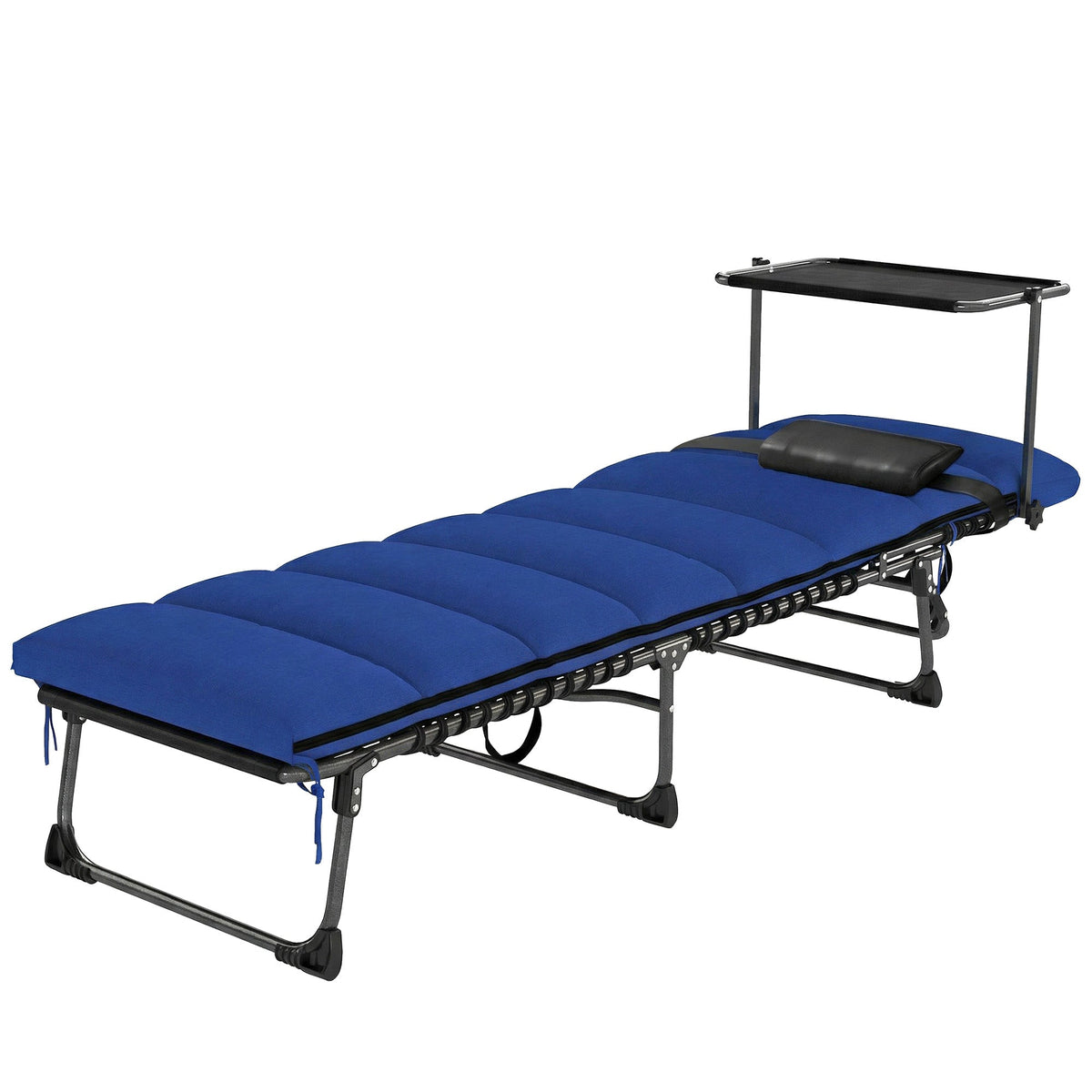 Folding Sun Lounger with Canopy, Cushion and 5-Position Recline, Dark Blue — product view 2