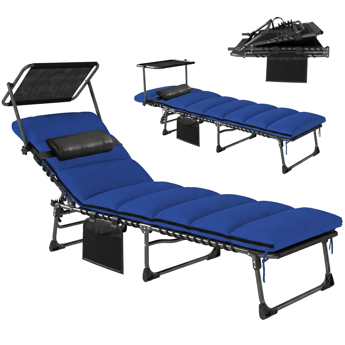 Folding Sun Lounger with Canopy, Cushion and 5-Position Recline, Dark Blue — product view 1