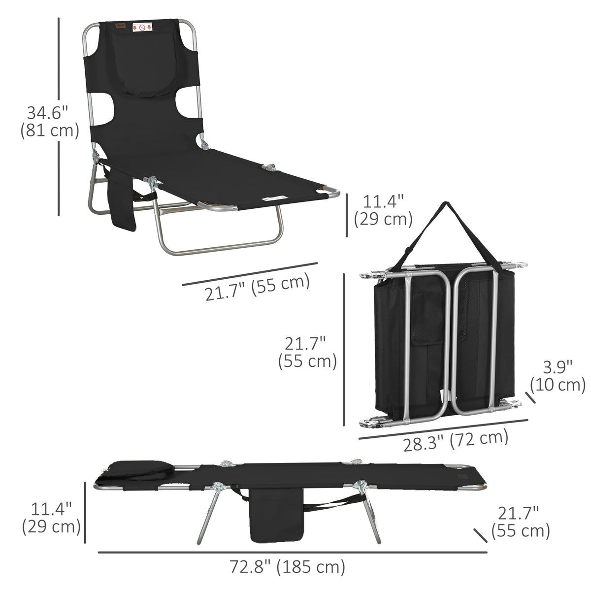 Folding Lounge Chair with Face Hole, Side Pocket and Strap, Black — product view 5