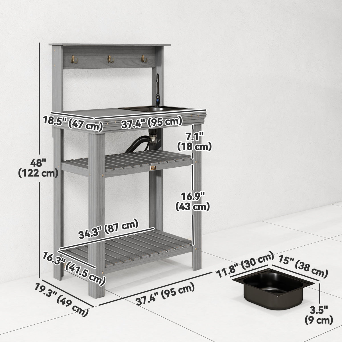 Outdoor Potting Bench Table with Faucet, Sink, Shelves and Hooks, Grey — product view 5