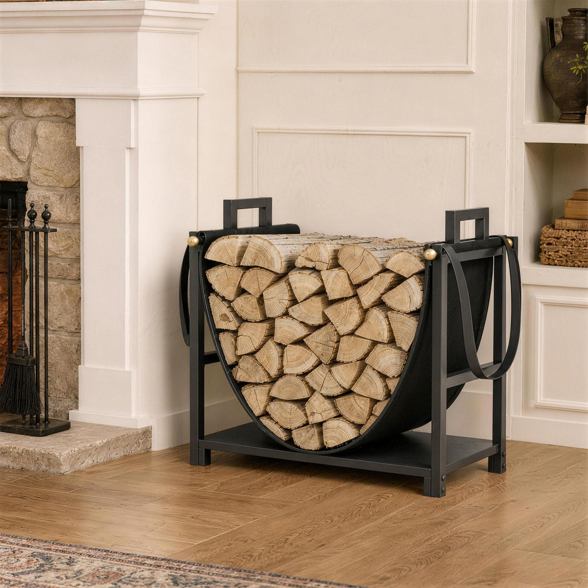 19 Inch Heavy Duty Steel Firewood Rack with Canvas Carrier for Indoor Fireplace Storage, Black — product view 3
