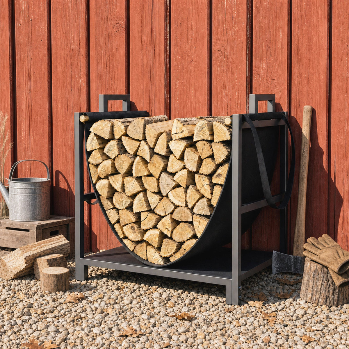 19 Inch Heavy Duty Steel Firewood Rack with Canvas Carrier for Indoor Fireplace Storage, Black — product view 4