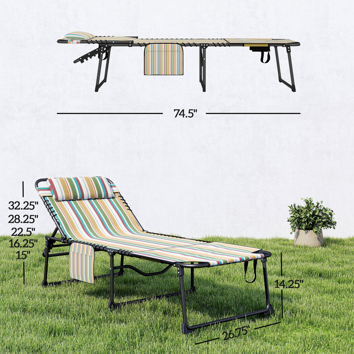 2-Piece Folding Chaise Lounge with Face Hole, Rainbow Striped — product view 5