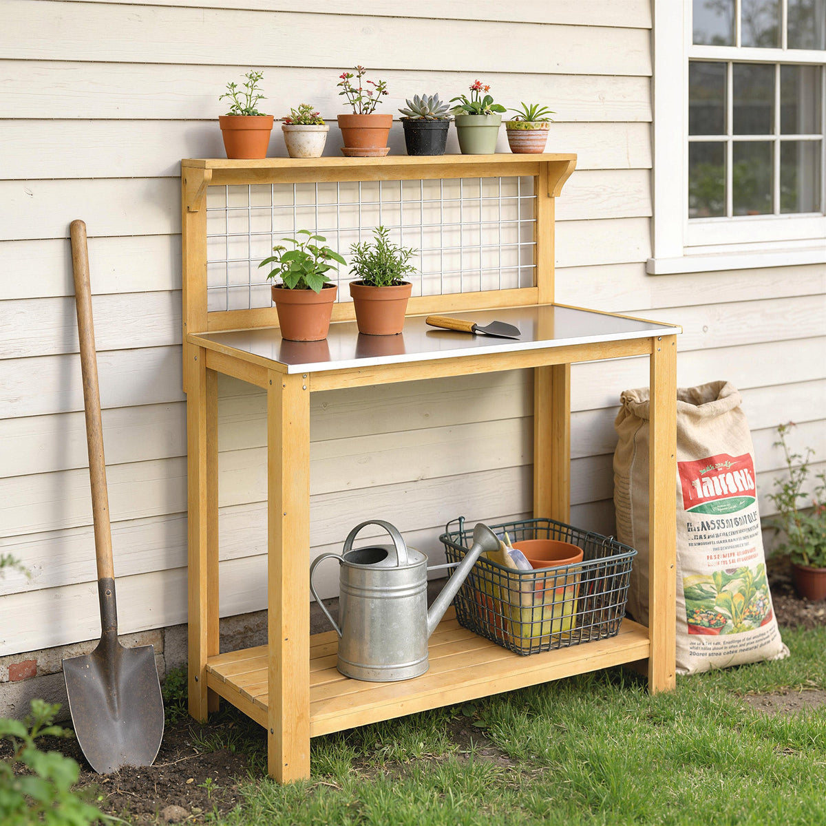 100 x 48 x 119 cm Potting Bench with Aluminium Worktop, Yellow — product view 3