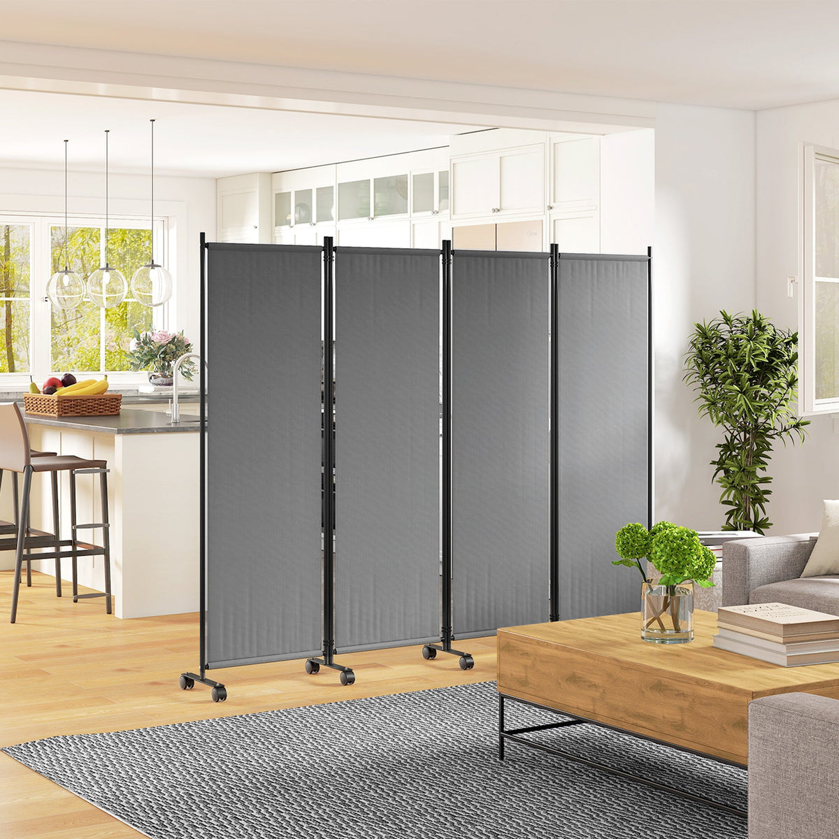 4 Panel Folding Room Divider with Lockable Wheels, Dark Grey — product view 4