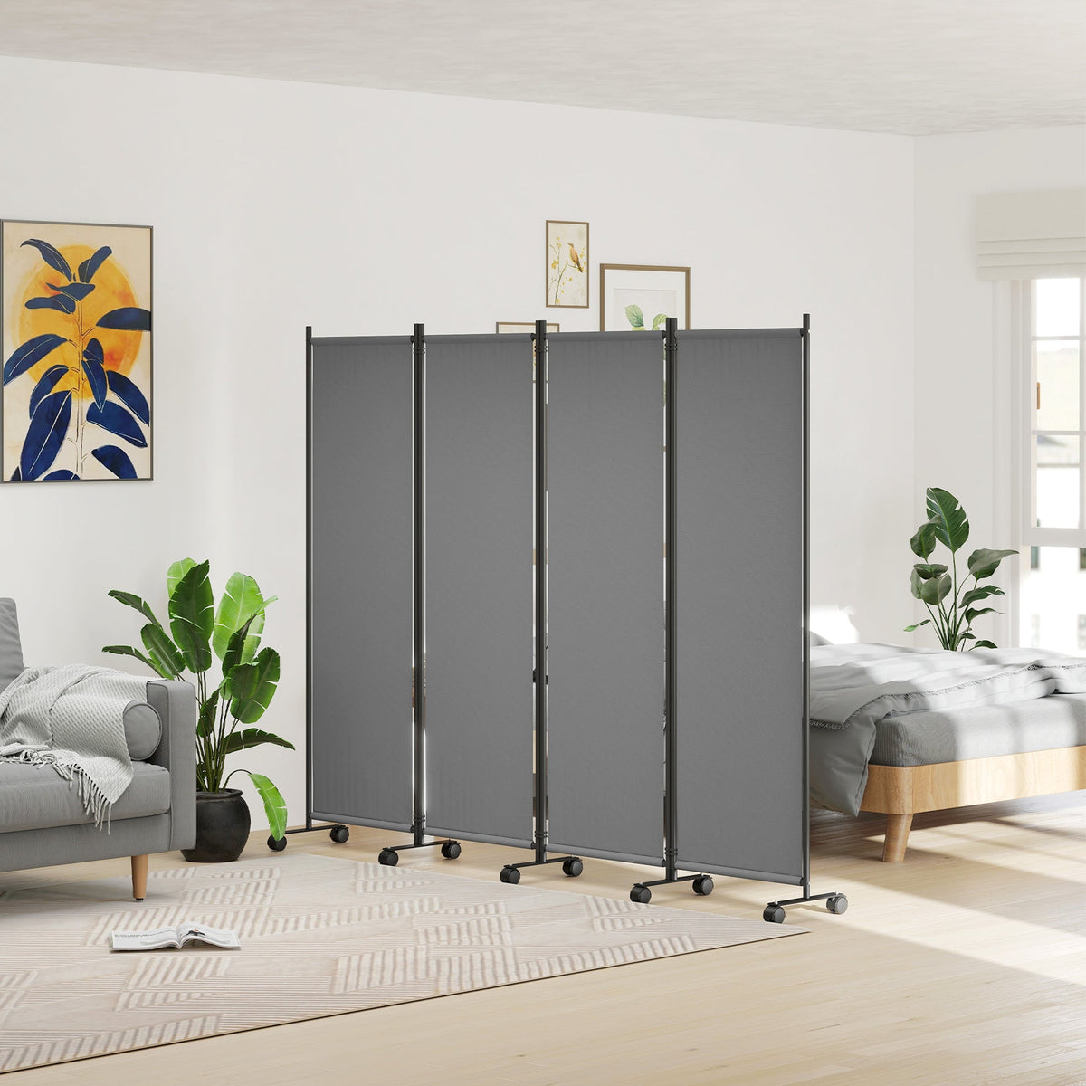 4 Panel Folding Room Divider with Lockable Wheels, Dark Grey — product view 3