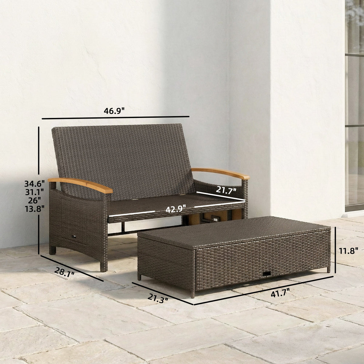 Rattan Daybed with Adjustable Backrest, Storage Ottoman, Navy Blue — product view 5