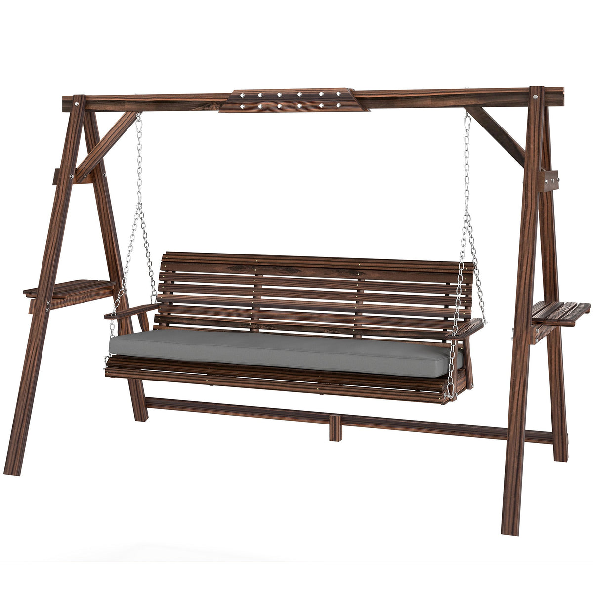 3 Seater Wooden Garden Swing Seat with Cushion and Side Trays, Carbonised Brown — product view 2