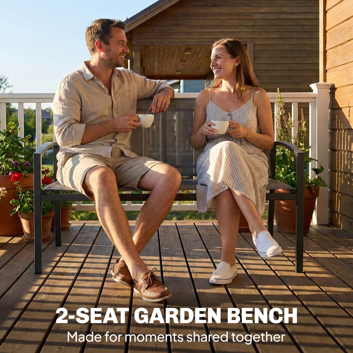 2 Seater Metal Garden Bench with Texteline Seat, Grey — product view 6