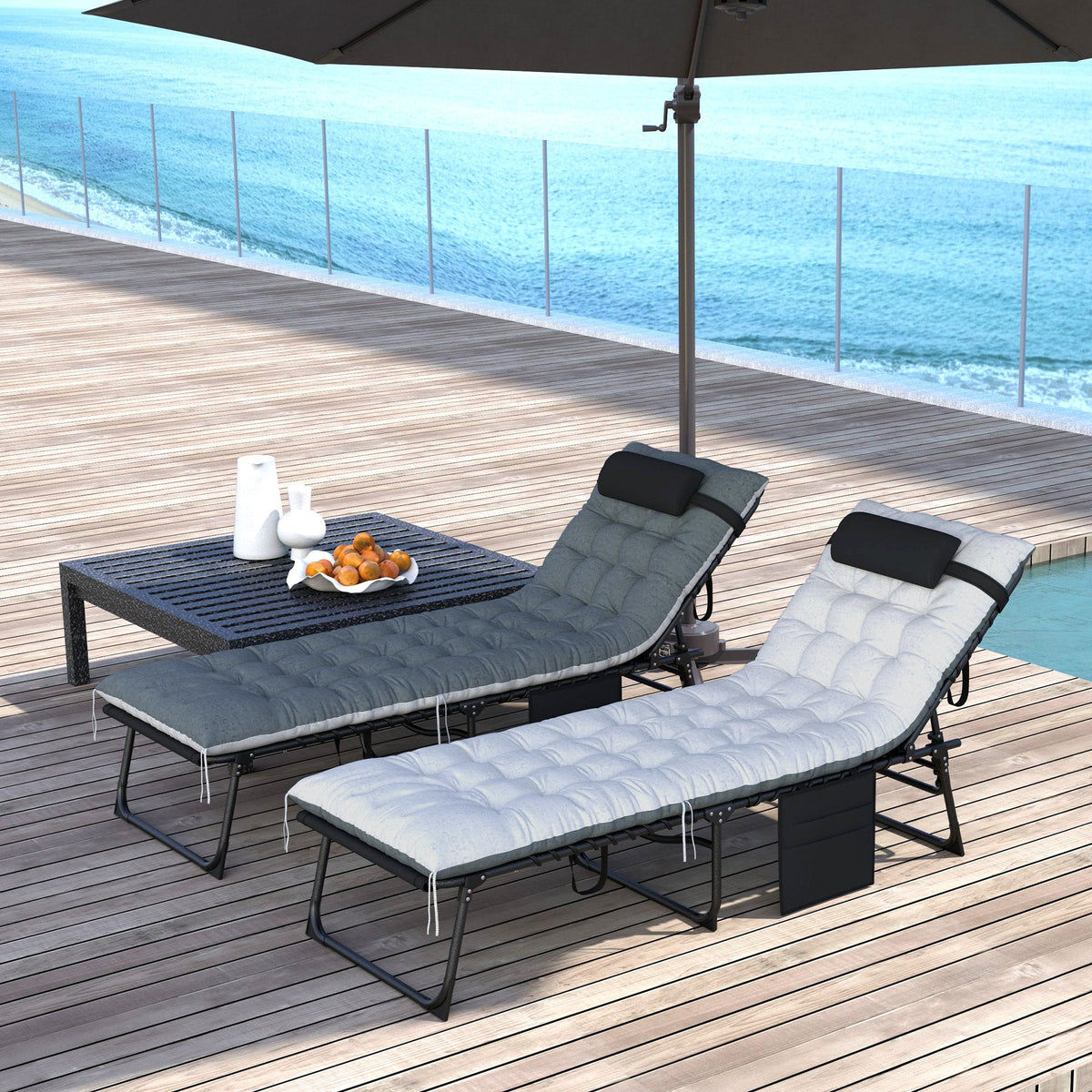 Set of 2 Folding Lounge Chairs with Cushion and Side Pocket, Black/Grey — product view 3
