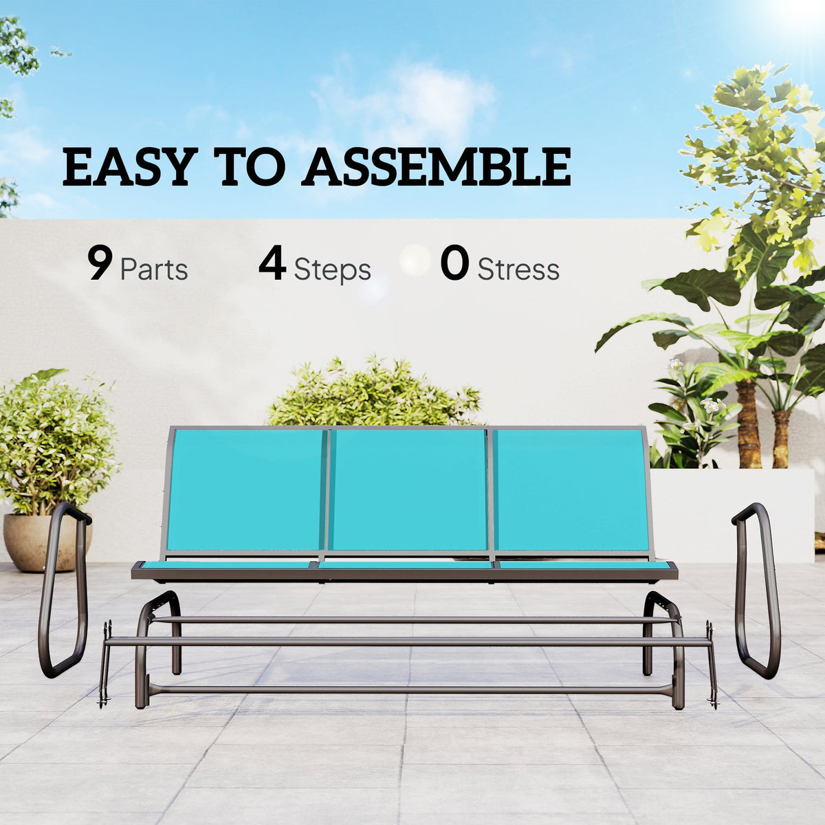 3-Seat Outdoor Glider Bench with Mesh Seat and Steel Frame, Blue — product view 7