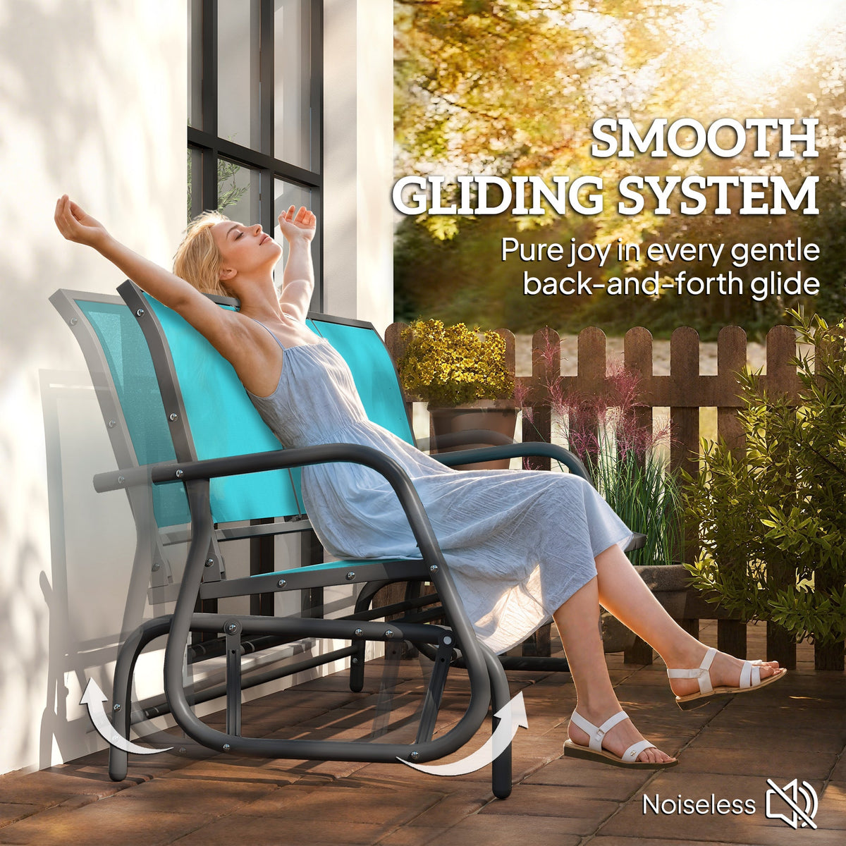 3-Seat Outdoor Glider Bench with Mesh Seat and Steel Frame, Blue — product view 6