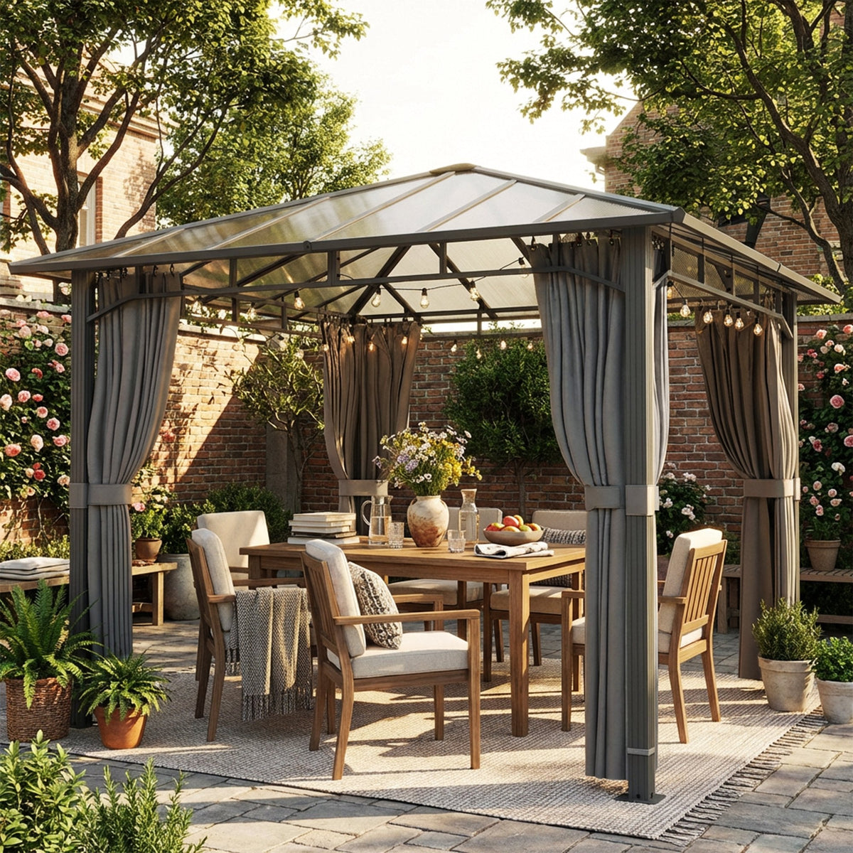 3 x 3 m Hardtop Gazebo with Polycarbonate Roof and Curtains, Tan — product view 4