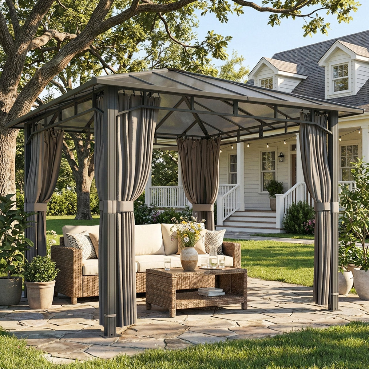 3 x 3 m Hardtop Gazebo with Polycarbonate Roof and Curtains, Tan — product view 3
