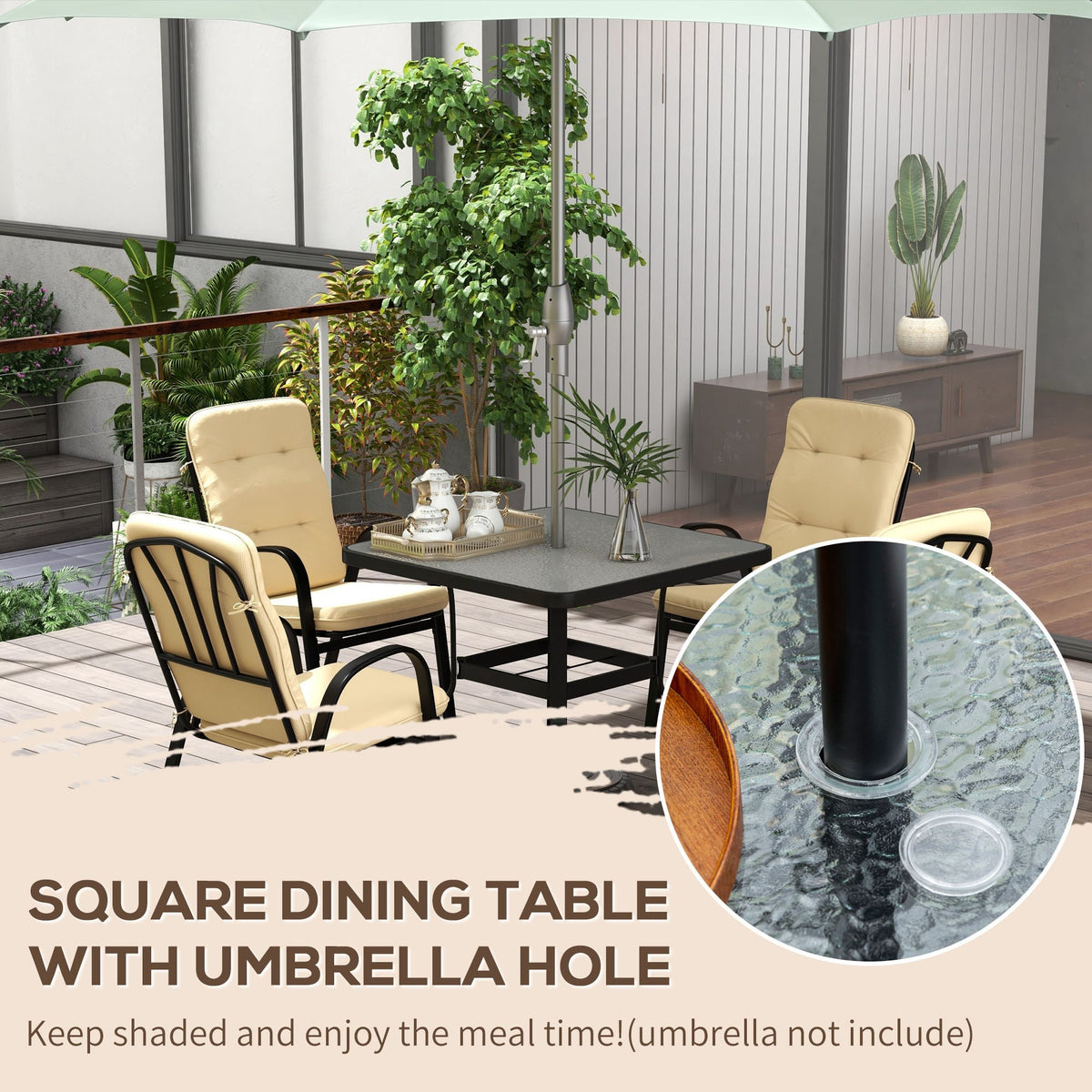 5 Piece Garden Dining Set with Square Glass Table & 4 Cushioned Chairs, Beige — product view 6