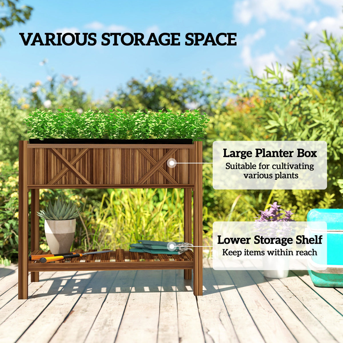 34" x 18" x 30" Wooden Raised Garden Bed with Shelf, Carbonized — product view 6