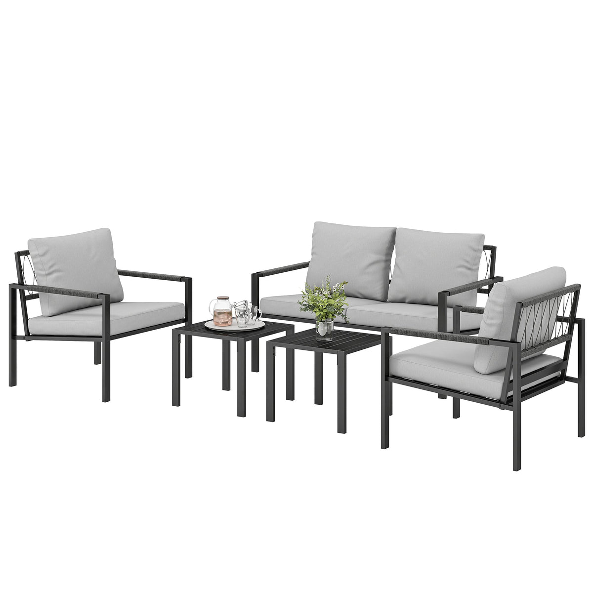 5 Piece Metal Garden Sofa Set with Loveseat, Armchairs & Tables, Light Grey — product view 2