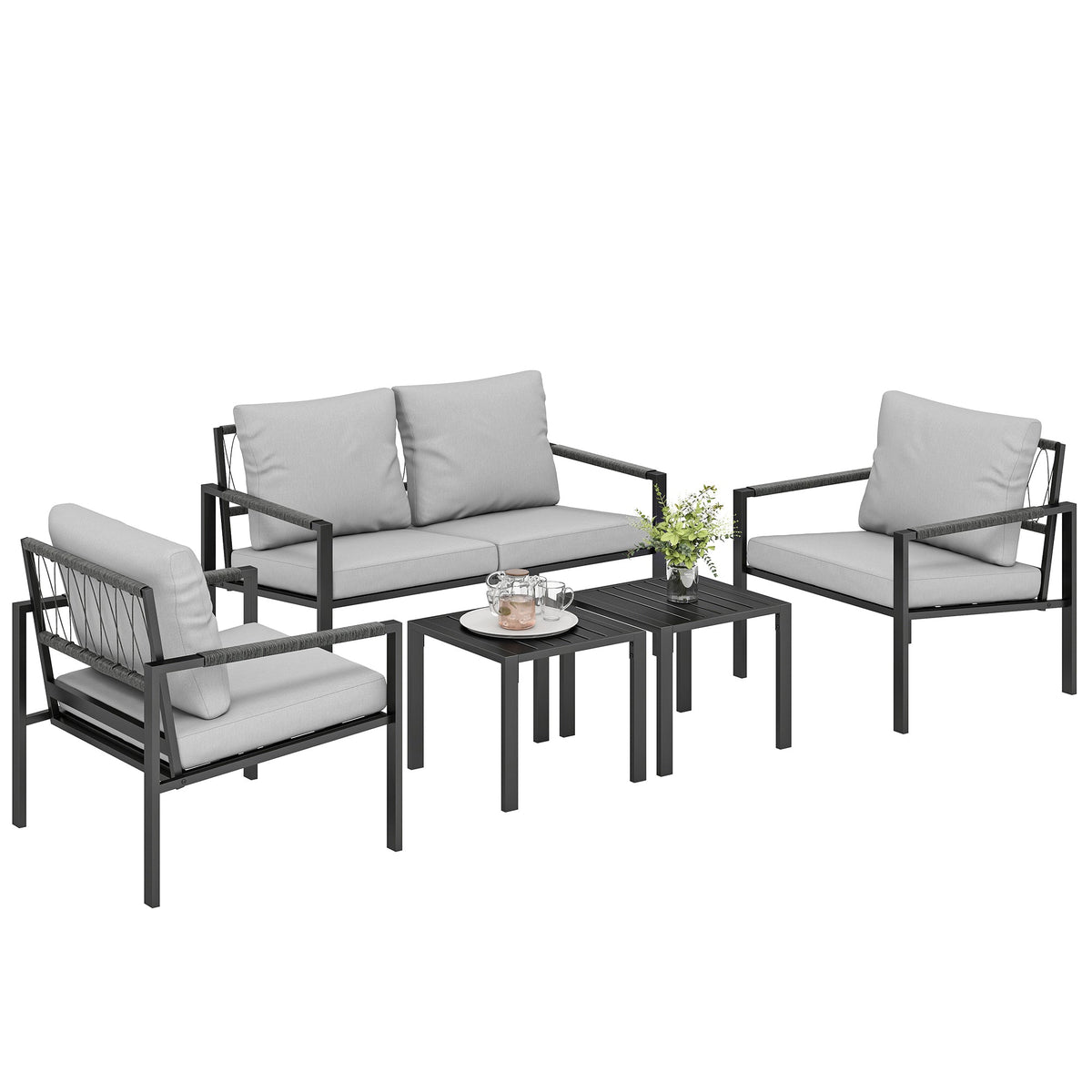 5 Piece Metal Garden Sofa Set with Loveseat, Armchairs & Tables, Light Grey — product view 1