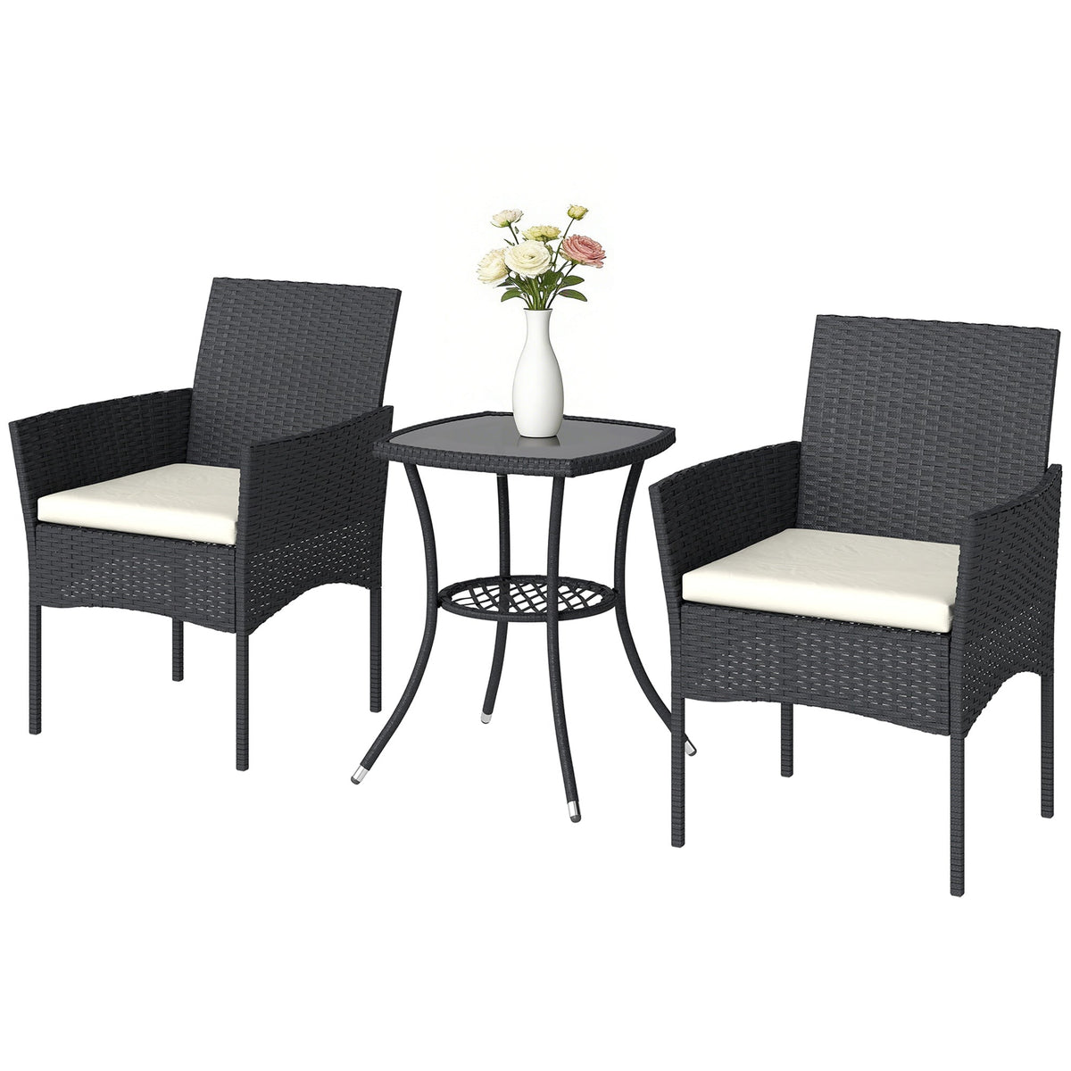 3-Piece PE Wicker Bistro Set with 2-Tier Glass Table and Cushions, Cream White — product view 2