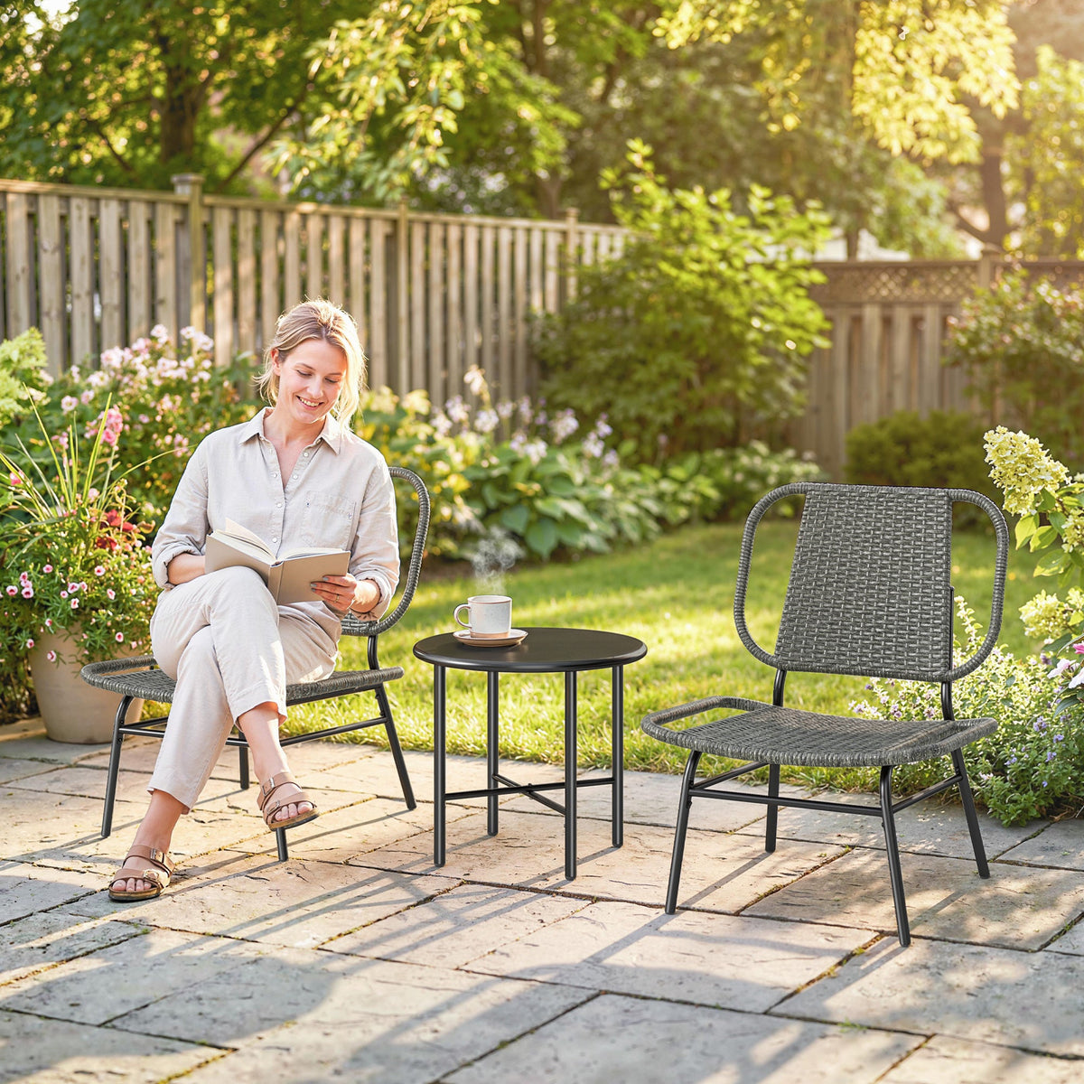 3 Piece Wicker Patio Bistro Set with 2 Armless Chairs and Steel Table, Grey — product view 4
