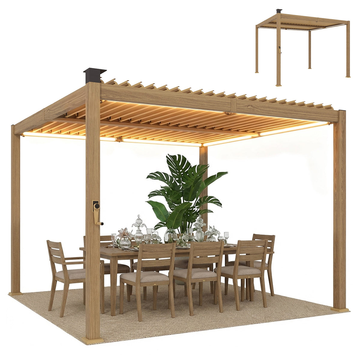 10' x 10' Louvered Pergola with Solar LED Lights and Adjustable Roof, Brown — product view 2