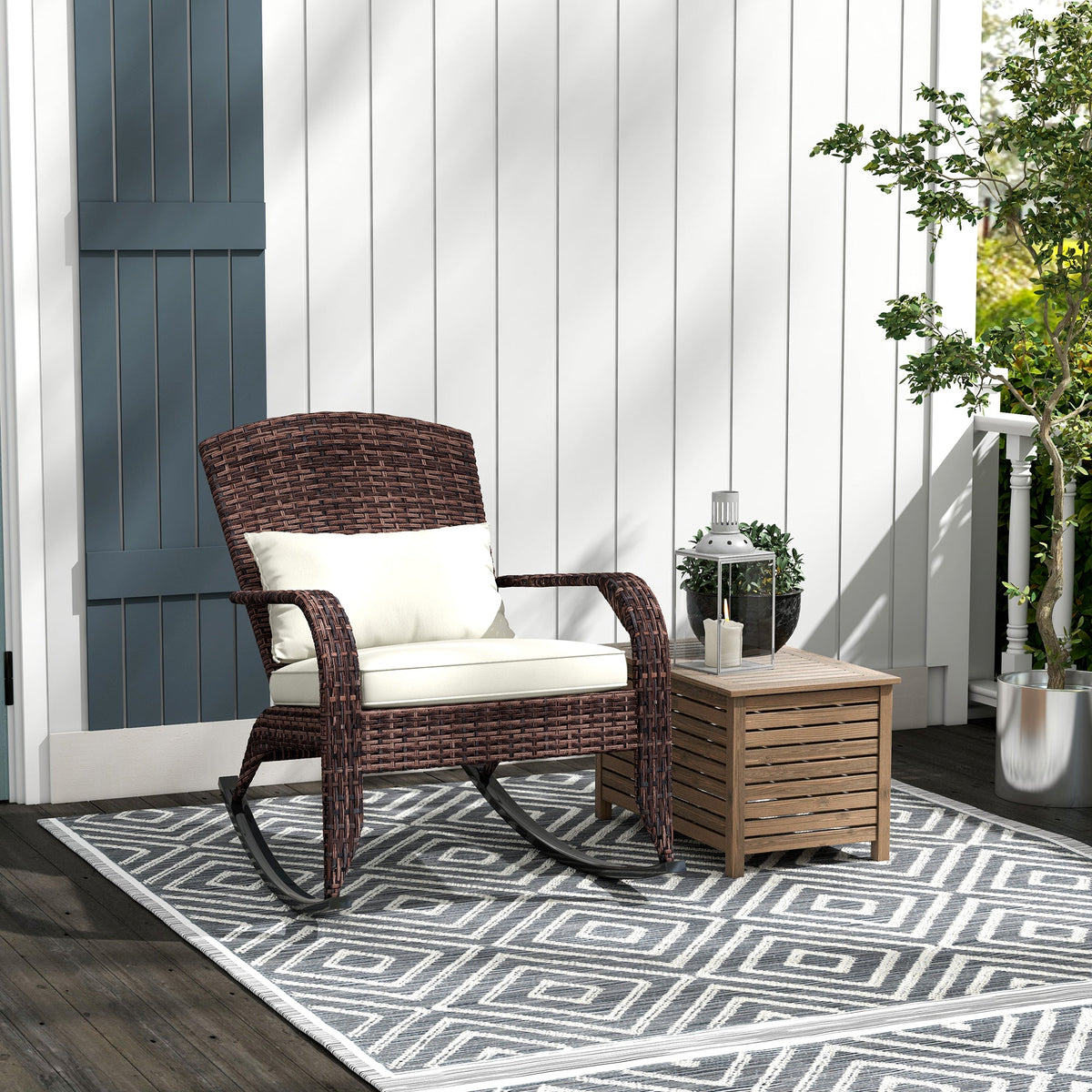 Wicker Adirondack Rocking Chair with Cushion and Pillow, Cream White/Brown — product view 3