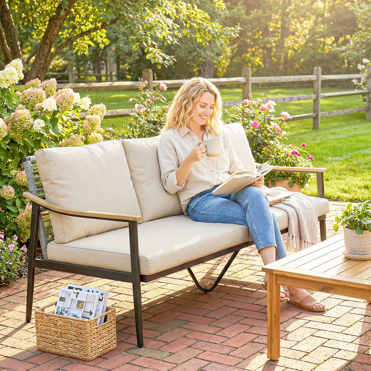 3 Seater Rattan Sofa with Wood-Effect Armrests, Khaki — product view 3