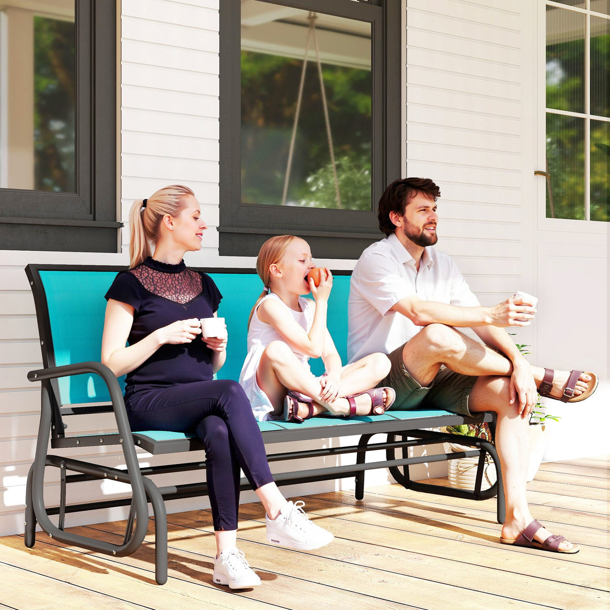 3-Seat Outdoor Glider Bench with Mesh Seat and Steel Frame, Blue — product view 4
