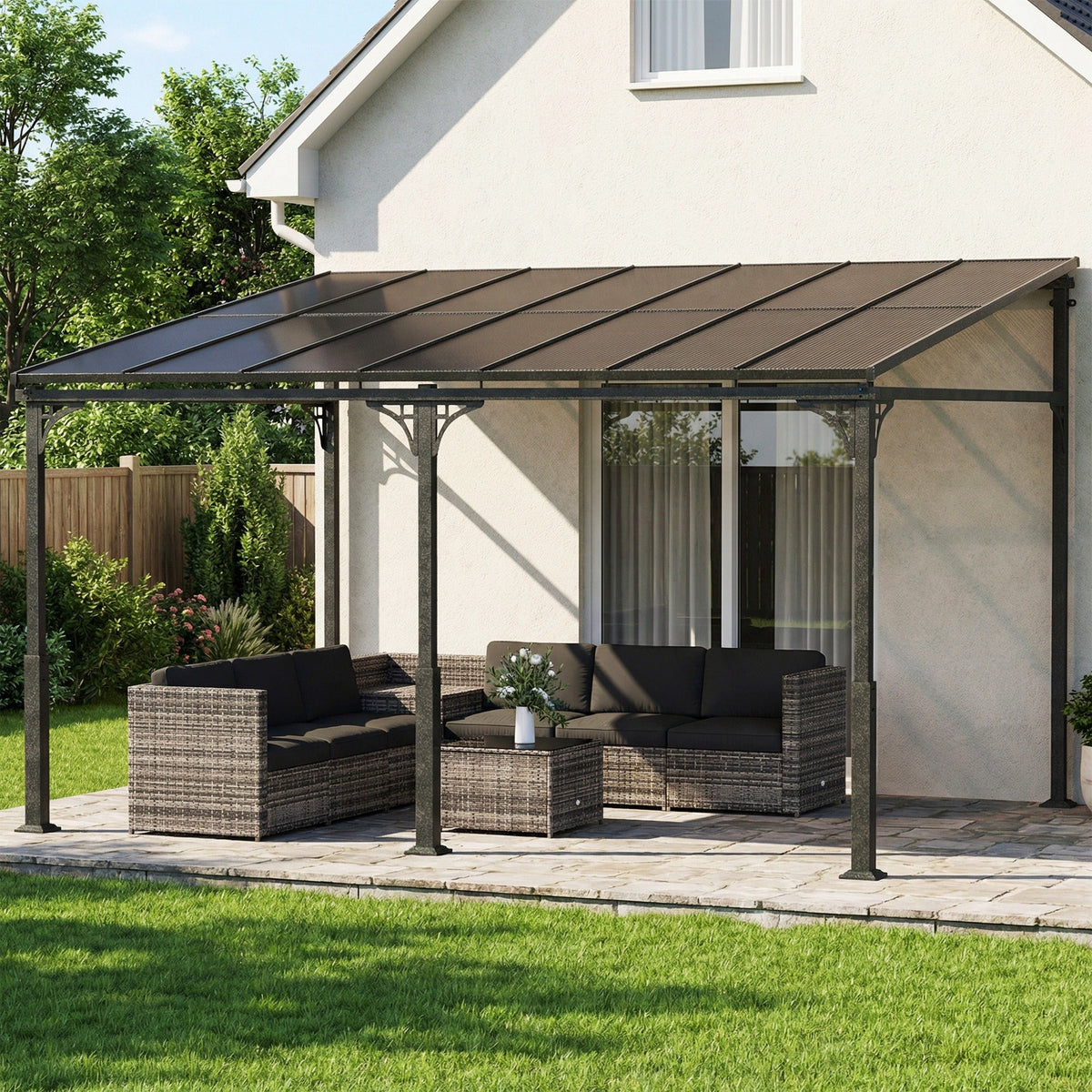 13' x 10' Lean-to Gazebo with Polycarbonate Roof, Brown — product view 3
