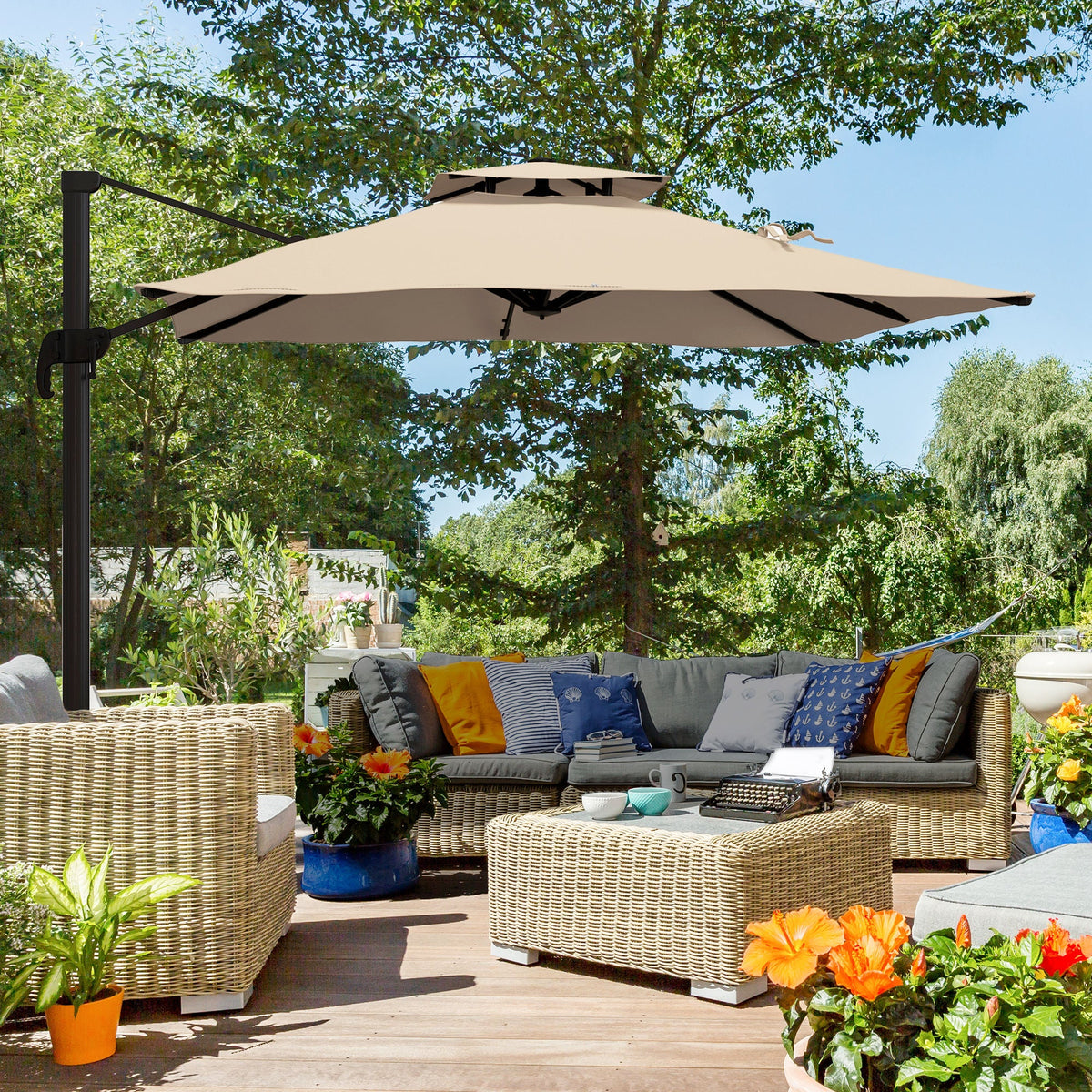 10ft Square Cantilever Patio Umbrella with 360° Rotation and Double Canopy, Khaki — product view 3