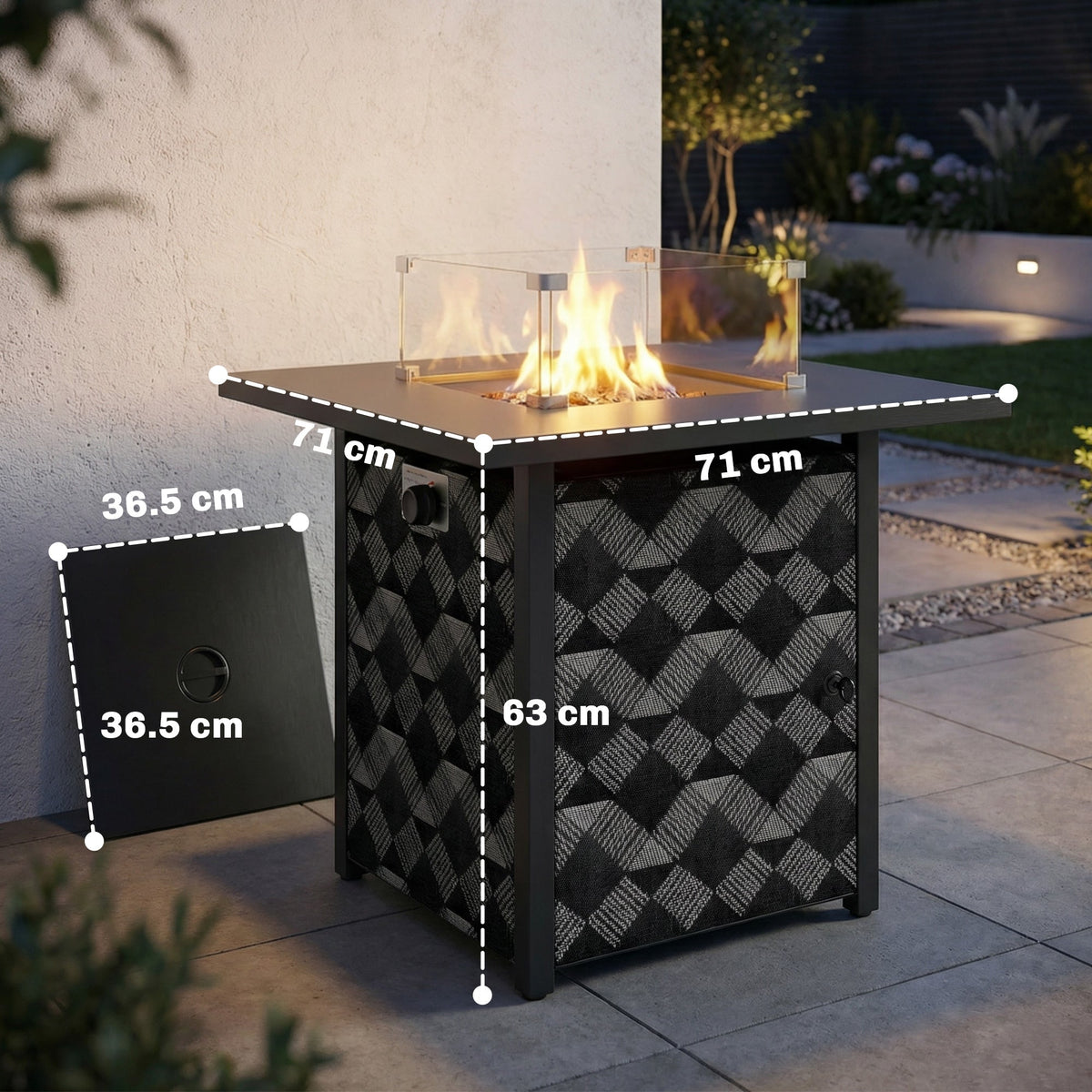 12 KW Square Propane Gas Fire Pit Table with Wind Guard, Black — product view 5