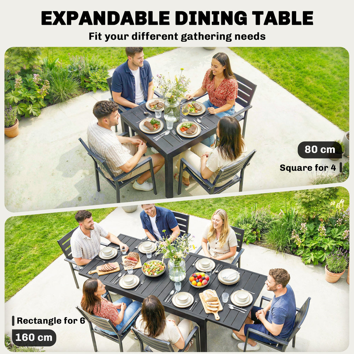 80-160 cm Extendable Aluminium Garden Table for 4-6 People, Black — product view 6