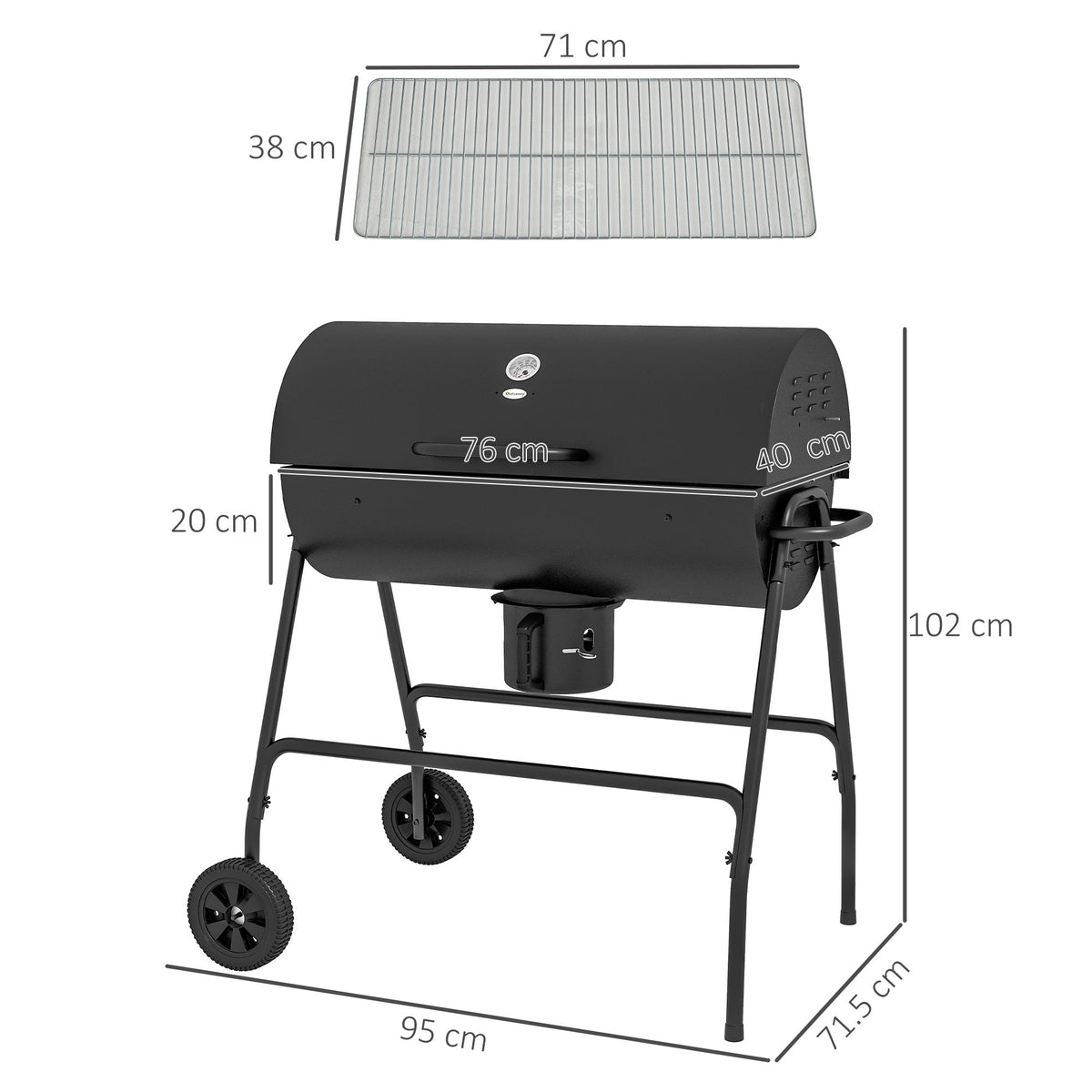 Portable Barrel Charcoal BBQ Trolley Smoker with Wheels, Black — product view 5