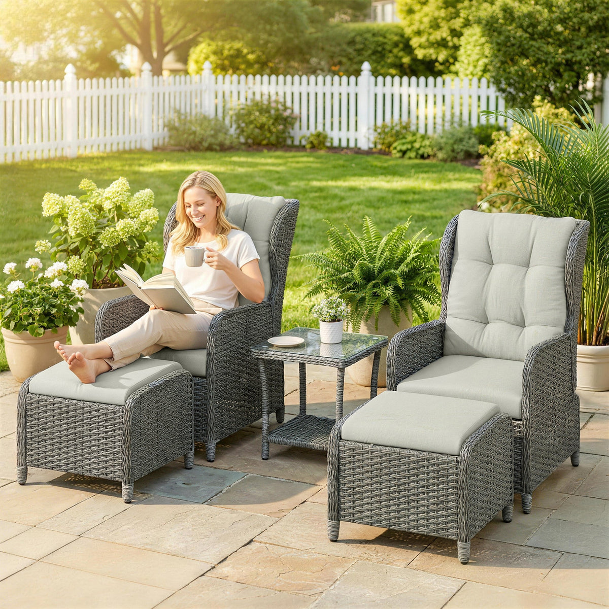 5 Piece Rattan Reclining Chair Set with Footstool and Glass Table, Cream White — product view 4