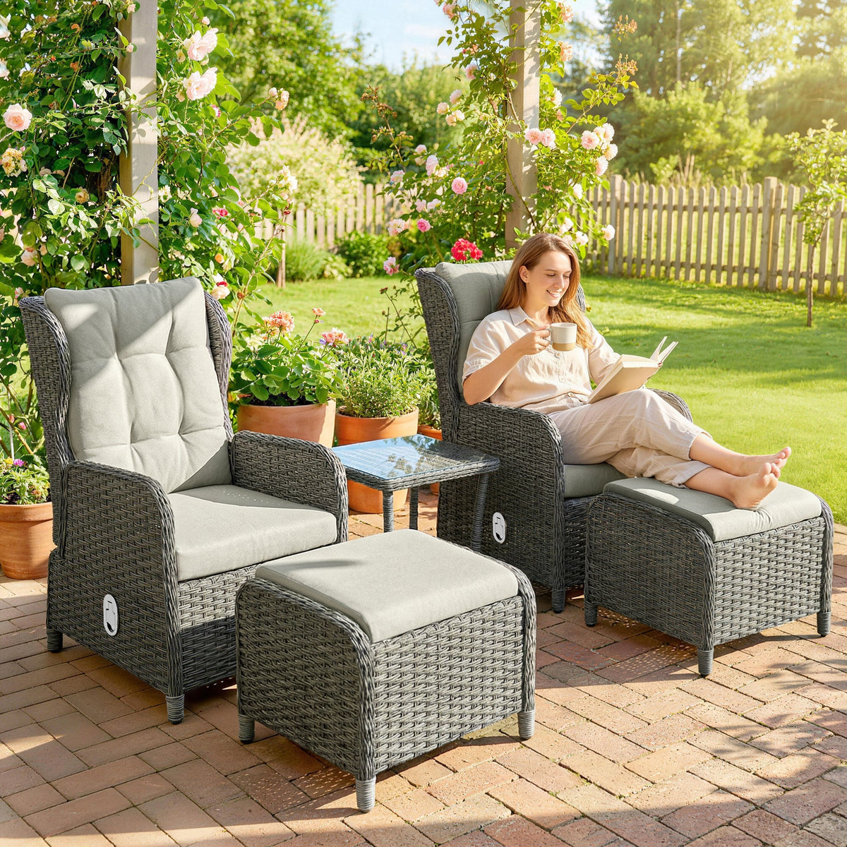 5 Piece Rattan Reclining Chair Set with Footstool and Glass Table, Cream White — product view 3