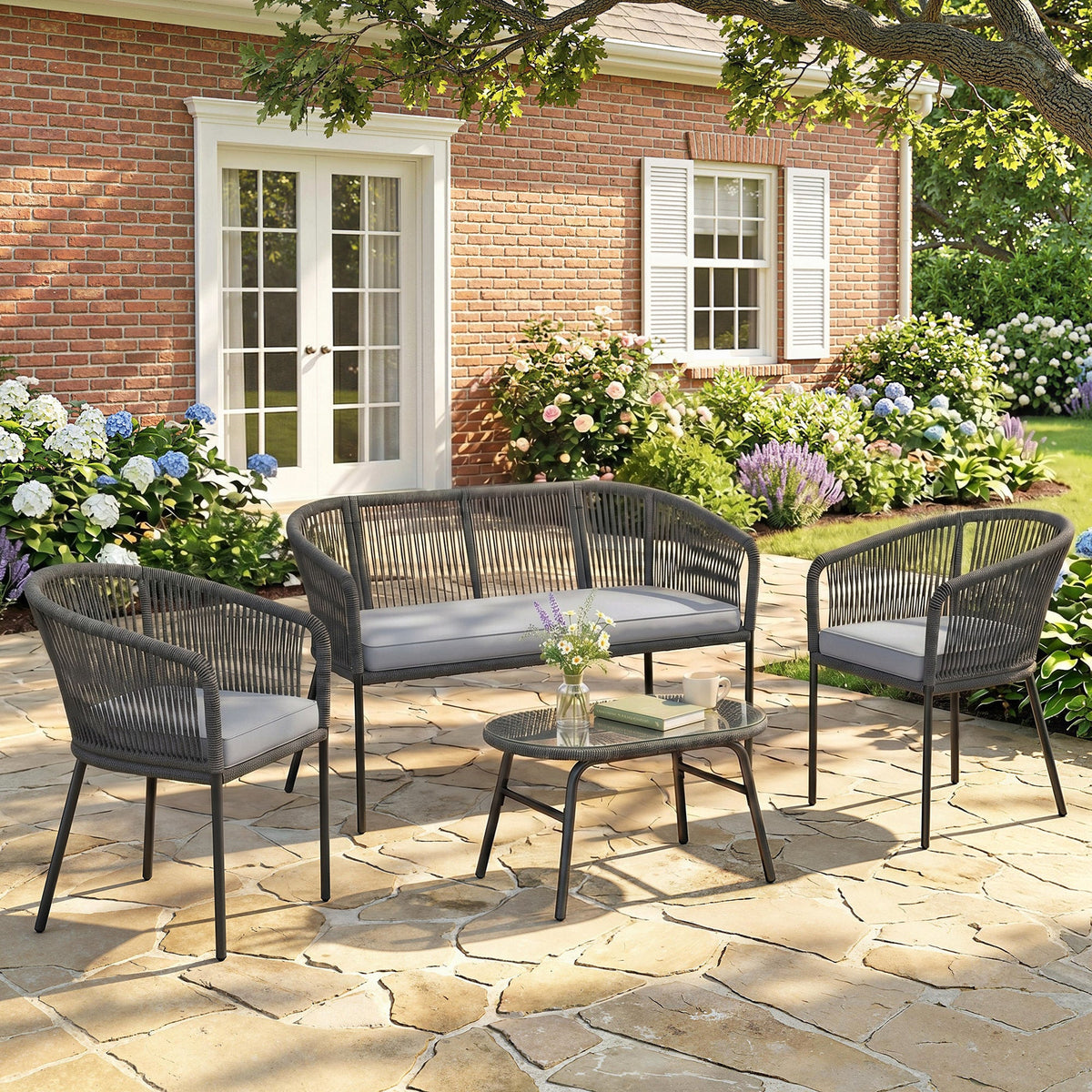 ARVOYA 4-Piece Rope Sofa Set with Loveseat, 2 Chairs & Tempered Glass Table, Dark Grey — product view 6